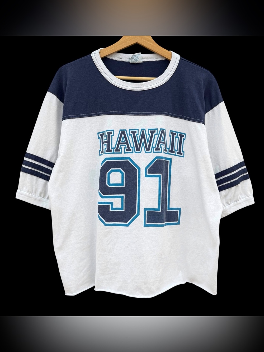 Vintage 90s Hawaii Alore Jersey Ringer T-Shirt Size XL *Cut Hem* White/Blue